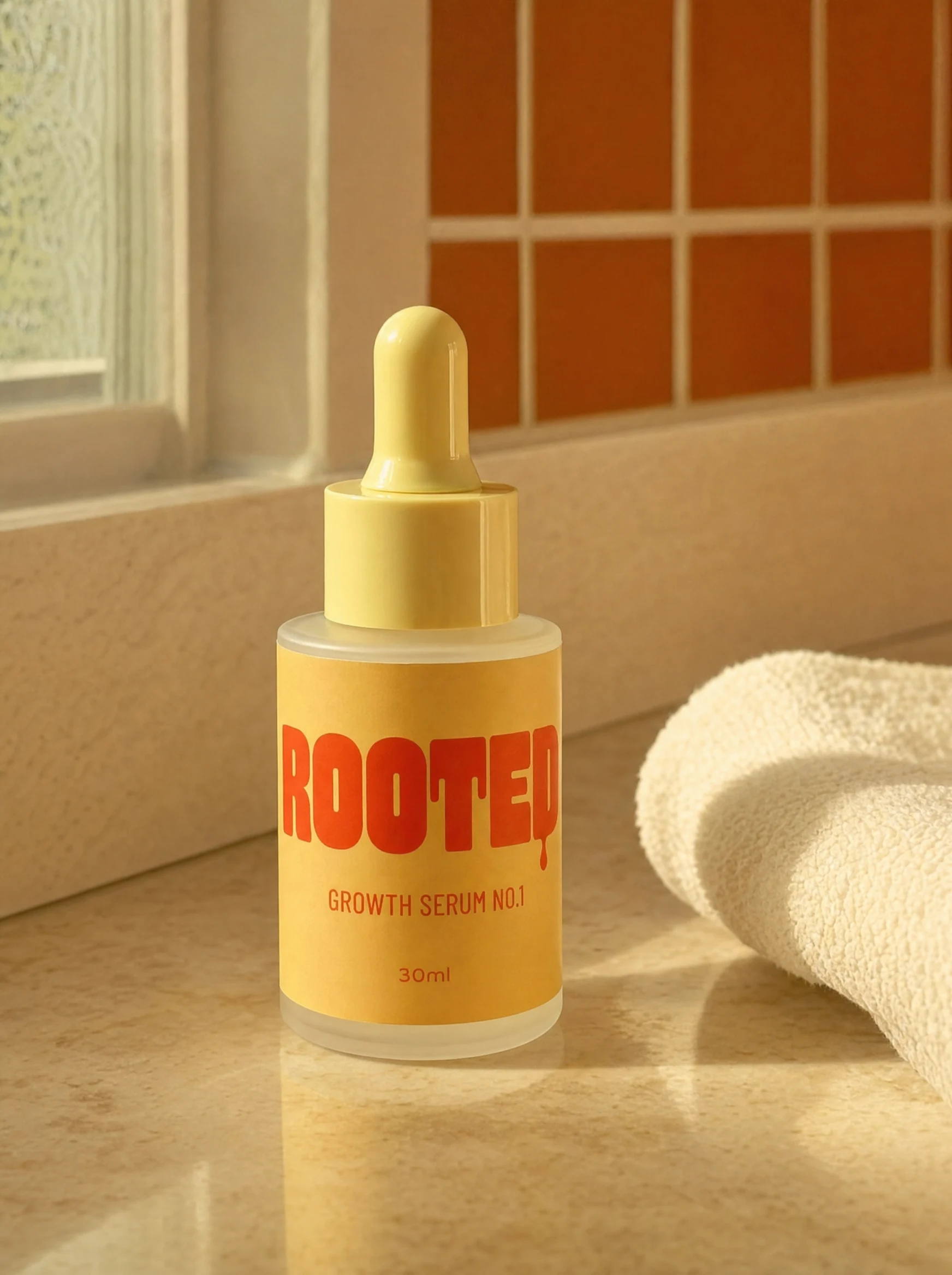 Rooted serum beside a soft towel in a sunlit bathroom